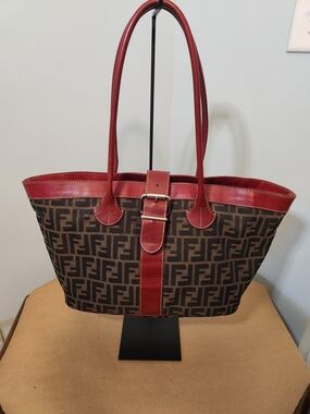 Vintage Fendi Zucca Canvas Buckle Tote with Red Leather Accents